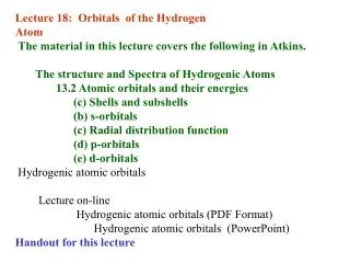 Lecture 18: Orbitals of the Hydrogen Atom