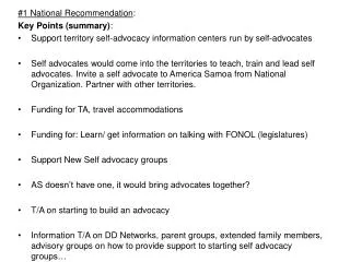 #1 National Recommendation : Key Points (summary ) :