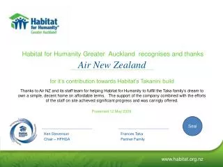 Habitat for Humanity Greater Auckland recognises and thanks