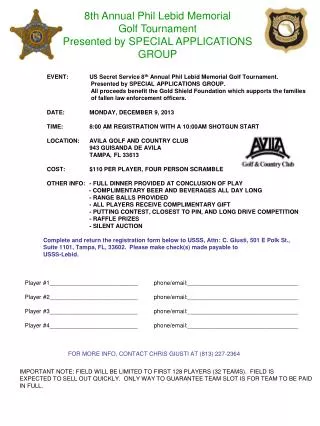 8th Annual Phil Lebid Memorial Golf Tournament Presented by SPECIAL APPLICATIONS GROUP
