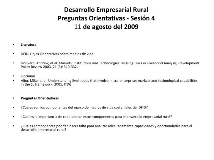 desarrollo empresarial rural preguntas orientativas sesi n 4 11 de agosto del 2009
