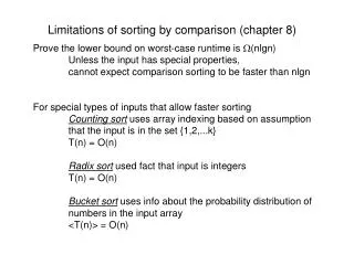 Limitations of sorting by comparison (chapter 8)