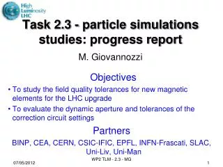 Task 2.3 - particle simulations studies: progress report