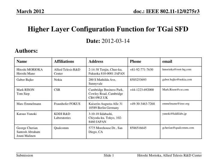 higher layer configuration function for tgai sfd