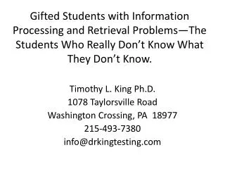 Timothy L. King Ph.D. 1078 Taylorsville Road Washington Crossing, PA 18977 215-493-7380