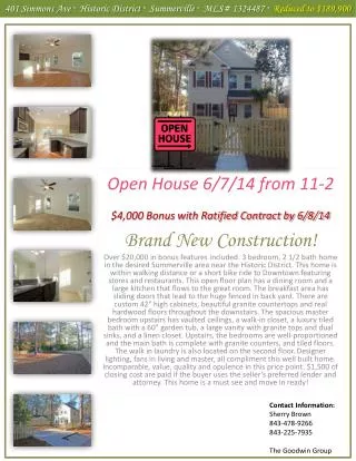 Open House 6/7/14 from 11-2 $4,000 Bonus with Ratified Contract by 6/8/14