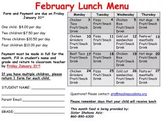 February Lunch Menu