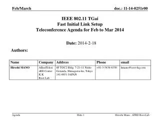 IEEE 802.11 TGai Fast Initial Link Setup Teleconference Agenda for Feb to Mar 2014