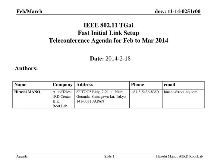 ieee 802 11 tgai fast initial link setup teleconference agenda for feb to mar 2014