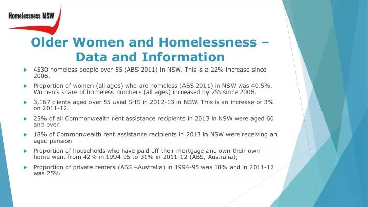 older women and homelessness data and information