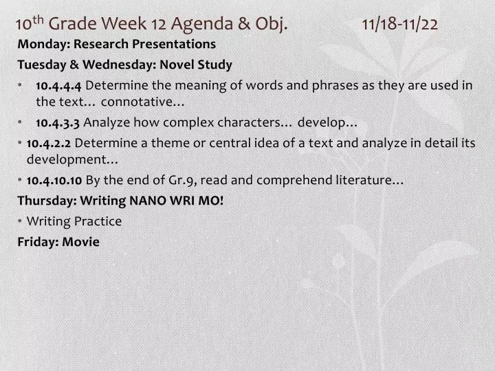 10 th grade week 12 agenda obj 11 18 11 22