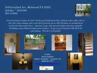 3030 Grayland Ave , Richmond VA 23221 3bd/2ba ~ $219,000 MLS 1112933