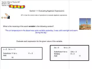 AF1.2 Use the correct order of operations to evaluate algebraic expressions.