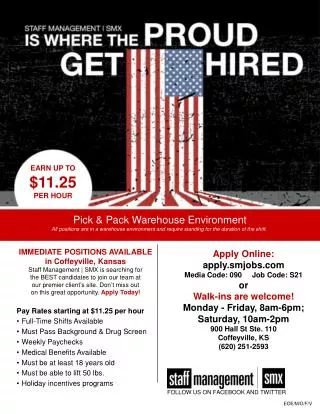 IMMEDIATE POSITIONS AVAILABLE in Coffeyville, Kansas