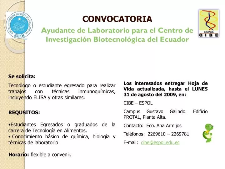 convocatoria ayudante de laboratorio para el centro de investigaci n biotecnol gica del ecuador