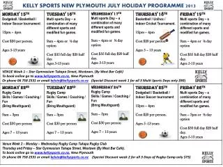 KELLY SPORTS NEW PLYMOUTH JULY HOLIDAY PROGRAMME 2013