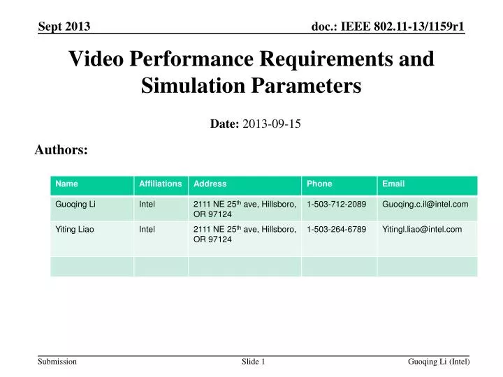 video performance requirements and simulation parameters