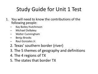 Study Guide for Unit 1 Test