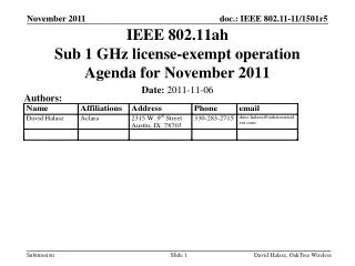 IEEE 802.11ah Sub 1 GHz license-exempt operation Agenda for November 2011