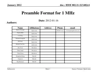 Preamble Format for 1 MHz