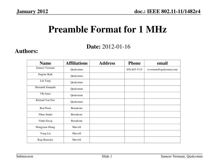 preamble format for 1 mhz
