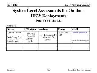 System Level Assessments for Outdoor HEW Deployments