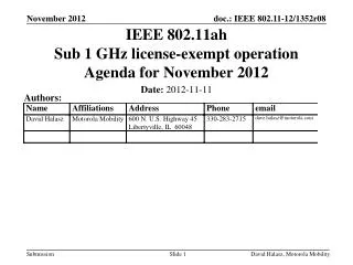 IEEE 802.11ah Sub 1 GHz license-exempt operation Agenda for November 2012