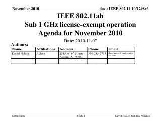 IEEE 802.11ah Sub 1 GHz license-exempt operation Agenda for November 2010