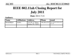 IEEE 802.11ah Closing Report for July 2011
