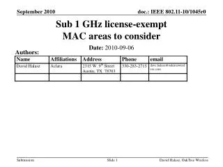 Sub 1 GHz license-exempt MAC areas to consider