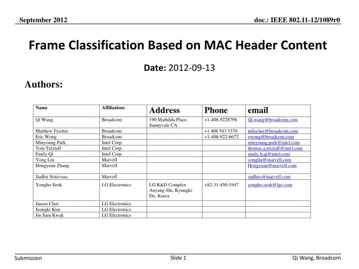 frame classification based on mac header content