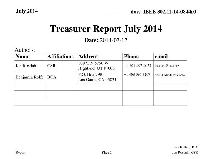 treasurer report july 2014