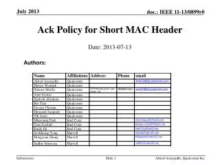 Ack Policy for Short MAC Header