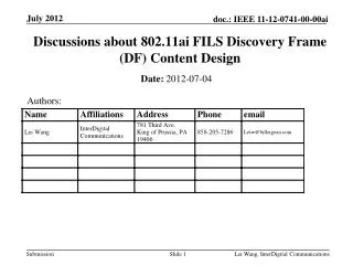 Discussions about 802.11ai FILS Discovery Frame (DF) Content Design