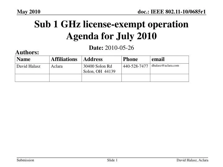 sub 1 ghz license exempt operation agenda for july 2010