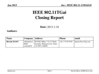 IEEE 802.11TGai Closing Report