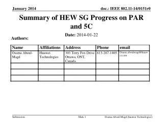 Summary of HEW SG Progress on PAR and 5C