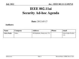 IEEE 802.11ai Security Ad-hoc Agenda