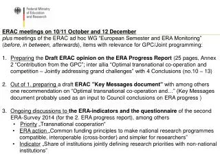 ERAC meetings on 10/11 October and 12 December