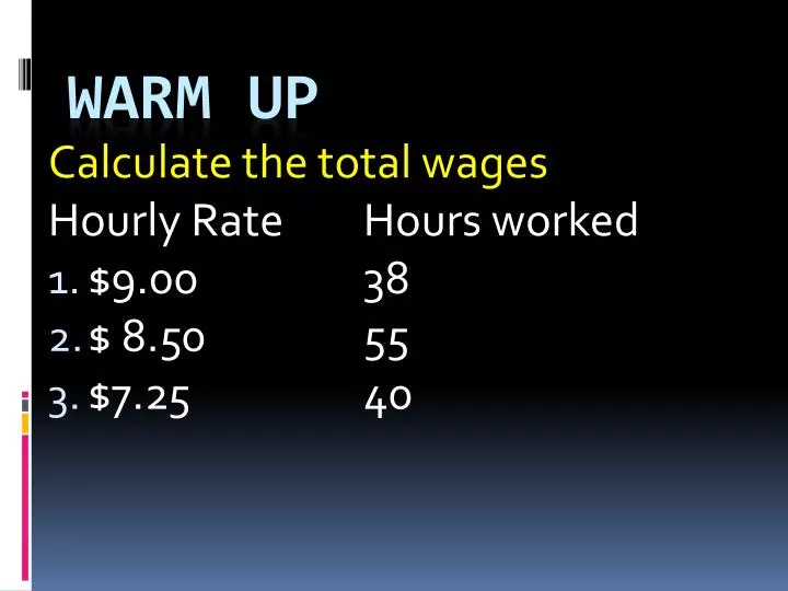 calculate the total wages hourly rate hours worked 9 00 38 8 50 55 7 25 40