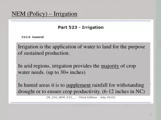 Irrigation is the application of water to land for the purpose of sustained production.