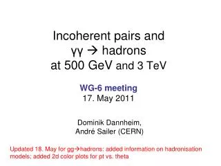 Incoherent pairs and ?? ? hadrons at 500 GeV and 3 TeV WG-6 meeting 17. May 2011
