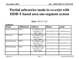 Partial subcarrier mode to co-exist with ISDB-T based area one-segment system