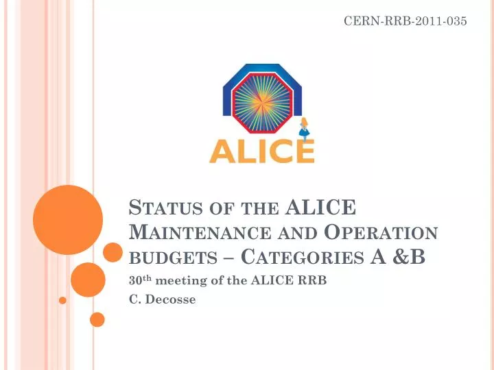 status of the alice maintenance and operation budgets categories a b