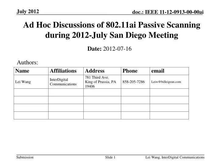 ad hoc discussions of 802 11ai passive scanning during 2012 july san diego meeting