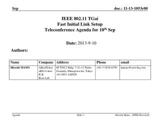 IEEE 802.11 TGai Fast Initial Link Setup Teleconference Agenda for 10 th Sep