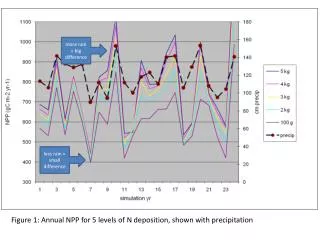 Figure 1: Annual NPP for 5 levels of N deposition, shown with precipitation
