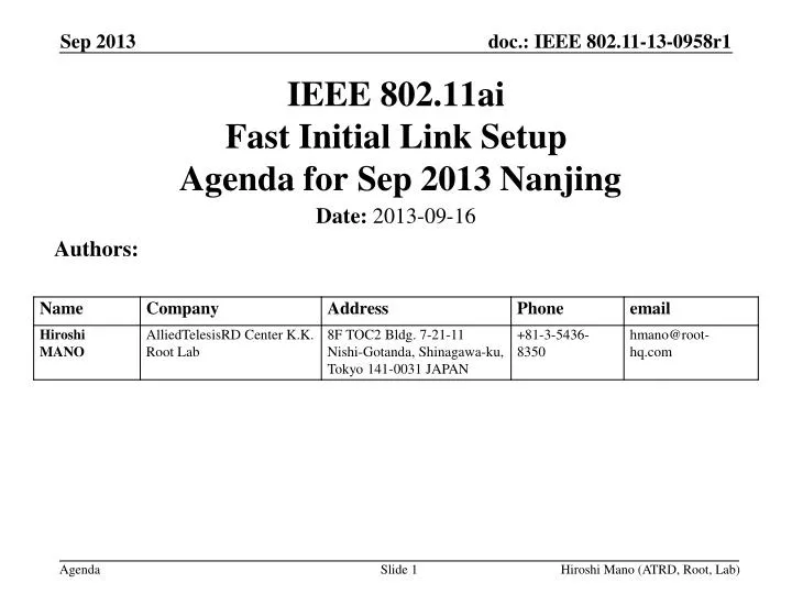 ieee 802 11ai fast initial link setup agenda for sep 2013 nanjing
