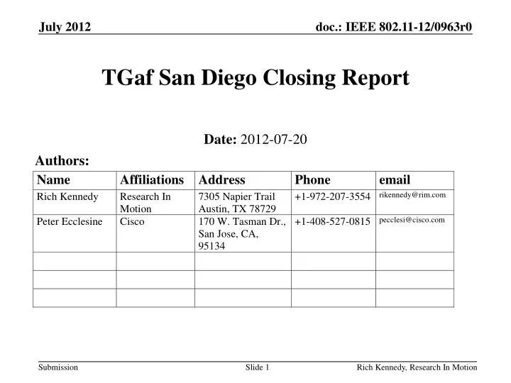 tgaf san diego closing report