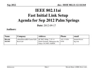 IEEE 802.11ai Fast Initial Link Setup Agenda for Sep 2012 Palm Springs
